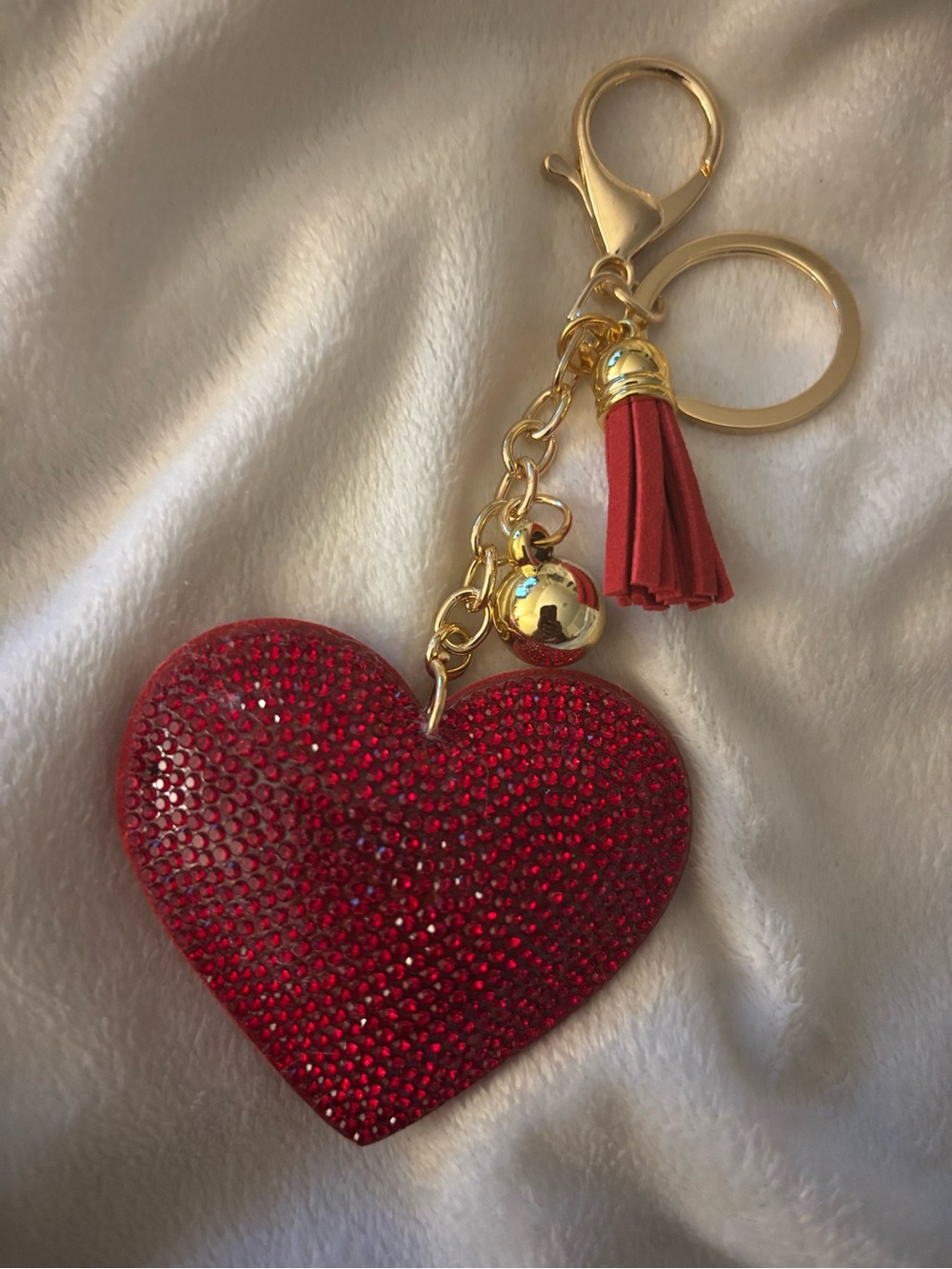Red Crystal Heart Key & Card Holder Charm with Gold Hardware